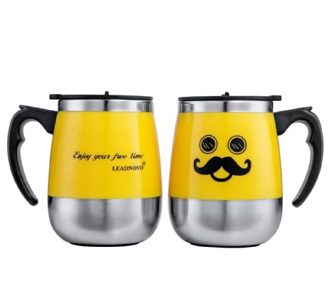 LEADNOVO Self Stirring Coffee Mug Electric Stir Stainless Steel Automatic Self Mixing Cup for Morning Office Travelling 450ml/15.2oz (Yellow)