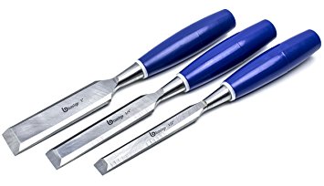 Bastex Short Blade 3 Piece Wood Chisel Set. Sharp Woodworking Tools made of CR-V with Soft Grip for carving. Great for Sculpture DIY and Arts and Crafts.