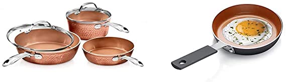 Gotham Steel Premium Hammered Cookware - 5 Piece Cookware, Pots and Pan Set with Triple Coated Nonstick Copper Surface & Mini Egg and Omelet Pan with Ultra Nonstick Titanium & Ceramic Coating - 5.5“