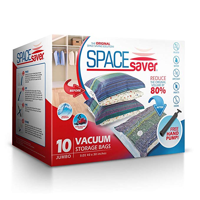 Spacesaver Premium Vacuum Storage Bags, Lifetime Replacement Guarantee, Works with Any Vacuum Cleaner, 80% More Storage Space! Free Hand-Pump for Travel! (Jumbo 10 Pack)