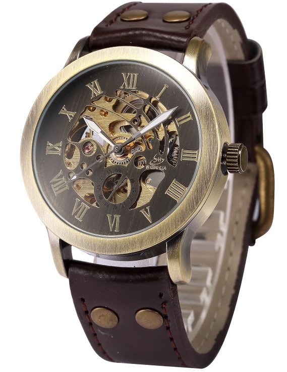 AMPM24 Men's Steampunk Bronze Skeleton Self-Winding Auto Mechanical Leather Wrist Watch PMW198