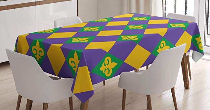 Ambesonne New Orleans Tablecloth, Mardi Gras Themed Rhombuses with Fleur De Lis Motifs Classic Geometry, Dining Room Kitchen Rectangular Table Cover, 60" X 84" Inches, Violet Yellow