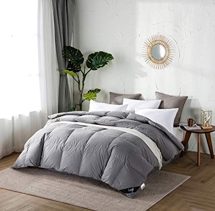 Topllen All Season Down Comforter - 100% Cotton Downproof Hypoallergenic Fabric - Quilted Fluffy Comforters with Corner Tabs (Grey)