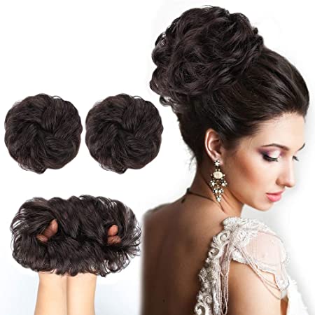 2PCS Messy Bun Hair Piece 100% Human Hair Scrunchies Buns Hair Pieces for Women Curly Wavy Darkest Brown Bun Elegant Chignons Wedding(Color:Darkest Brown)