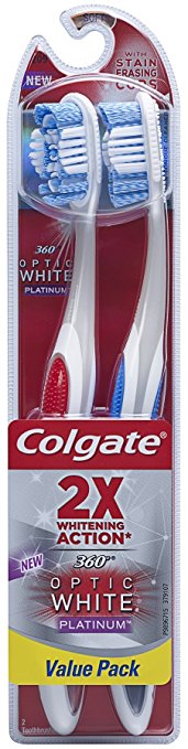 Colgate 360 Optic White Platinum Toothbrush, Full Head, Soft, 2 Count