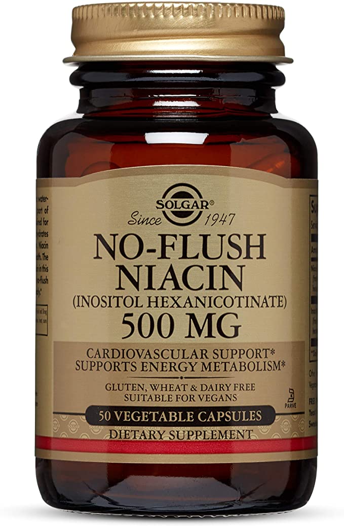 Solgar No Flush Niacin (Inositol Hexanicotinate) - 500 mg, 50 Vegan Capsules - Vitamin B3 Supplement, Energy Booster - Vegetarian, Kosher, Gluten Free - 50 Servings