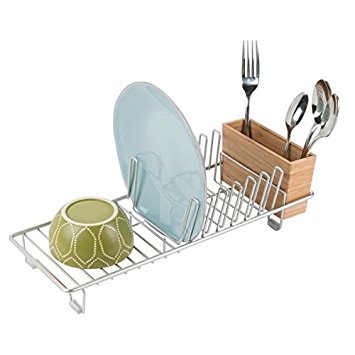 mDesign Stainless Steel Dish Rack - Draining Rack Rack for Kitchen Sink - Dish Clothes Airer with Tray - Metal/Bamboo