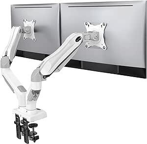 HUANUO Dual Monitor Stand - Adjustable Spring Monitor Desk Mount Swivel Vesa Bracket with C Clamp, Grommet Mounting Base for 13 to 30 Inch Computer Screens - Each Arm Holds 4.4 to 19.8lbs - Whtie