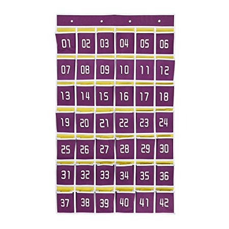 Hipiwe Numbered Classroom Organizer Pocket Chart for Cell Phones Calculator Holders with Hooks (42 pockets purple)