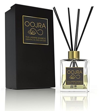 Oojra Thai Jasmine Bamboo Essential Oil Reed Diffuser Gift Set - Glass Bottle Reed Sticks and Long Lasting 3 Months Natural Scented Fragrance Oil 4 Oz for Aromatherapy and Air Fresheners