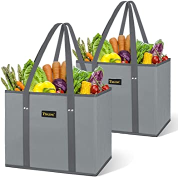 BALEINE 2 Pack Reusable Grocery Shopping Box Bag Set with Reinforced Bottom & Handles, Large Heavy Duty Eco Friendly Collapsible Foldable Bags in Bulk Fit in Shopping Cart (Gray)