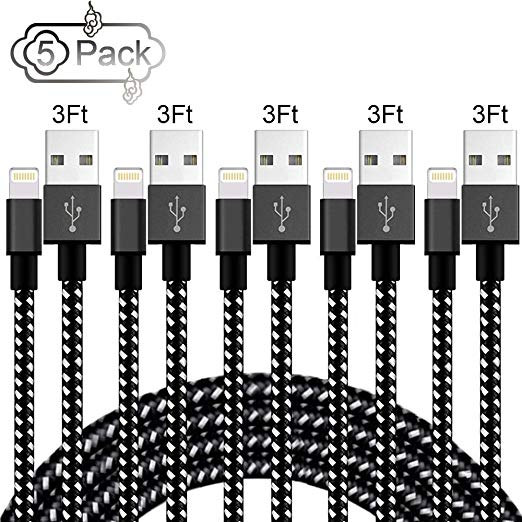 5 Pack [3FT] Loopilops MFi Certified iPhone Charger Lightning Cable Extra Long Nylon Braided USB Charging & Syncing Cord Compatible iPhone Xs/Max/XR/X/8/8Plus/7/7Plus/6S/6S Plus/SE/iPad/Nan More