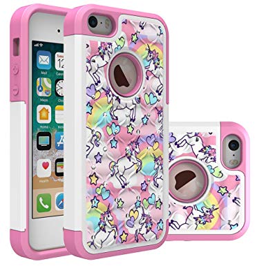 Iphone 5S Case, Iphone SE Bling Case, Rainbow Unicorn Pattern Heavy Duty Shockproof Studded Rhinestone Crystal Bling Hybrid Case Silicone Protective Armor for Apple iphone 5/5s iphone SE
