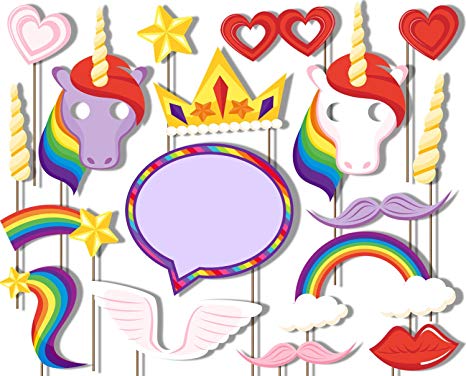 Birthday Galore Rainbow Unicorn Pegasus Photo Booth Props Kit - 20 Pack Party Camera Props Fully Assembled