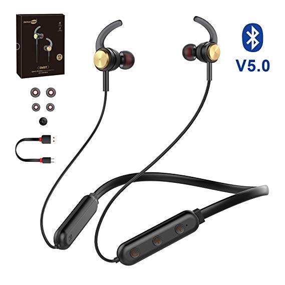 Baseman Bluetooth V5.0 Headphones Wireless Neckband Hi-fi Stereo Earphones with Mic in-Ear Magnetic Earplugs IPX4 Sweatproof Sports Earbuds CVC6.0 Noise Cancellation Mic Headsets for Phone and Tablet