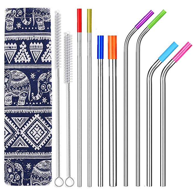 Stainless Steel Metal Straws - 6mm Wide for Yeti, RTIC, Starbucks Jars, Mason Tumblers, 8mm for Smoothies, Milkshakes, 12mm for Boba Tea, Set of 8 with 8 Soft Silicone Tips & 2 Cleaning Brushes