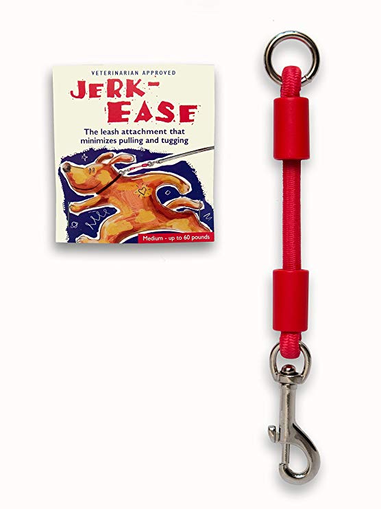 JERK-EASE BUNGEE DOG LEASH ATTACHMENT– patented shock absorber protects you and your dog – works with ANY leash & collar (or harness) – a MUST for retractable leashes – CLICK SIZE/COLOR BELOW