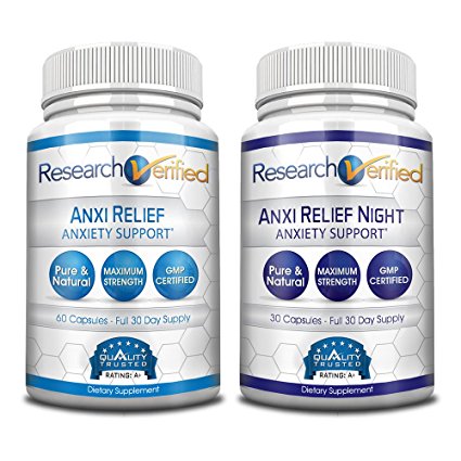 Research Verified AnxiRelief - #1 Supplement for Anxiety & Stress Relief - 100% Natural - with Valerian Root, 5-HTP, Magnesium, L-Theanine - Fast & Safe - 100% Money Back - 2 Bottles (1Day & 1Night)