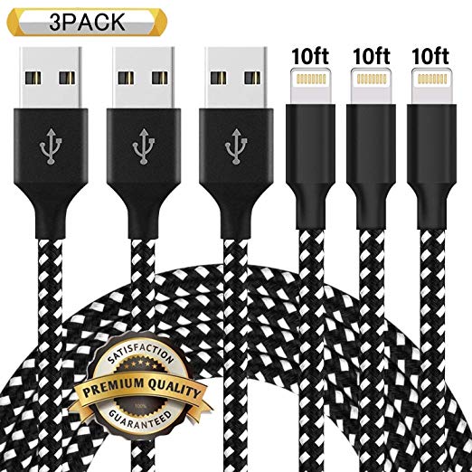iPhone Charger,Ulimag MFi Certified Lightning Cable 3 Pack 10FT Extra Long Nylon Braided USB Charging & Syncing Cord Compatible iPhone Xs/Max/XR/X/8/8Plus/7/7Plus/6S/6S Plus/SE/iPad/Nan Black White