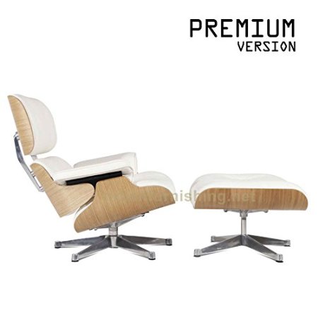 Urban FurnishingTM - Mid Century Plywood Lounge Chair & Ottoman - White Aniline Leather / Ashwood