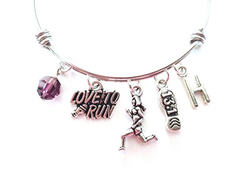 Half marathon runner / Running / Track themed personalized bangle bracelet. Antique silver charms and a genuine Swarovski birthstone colored element.