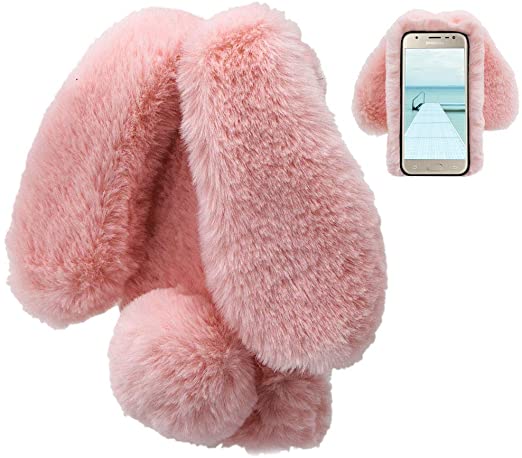 Rabbit Case Compatible with Samsung Galaxy J3 2018 Rabbit Fur Case Bunny Ear Phone Case for Girls Fuzzy Cute Warm Winter Soft Furry Fluffy Ball Fur Hair Plush Protective Cover-Pink
