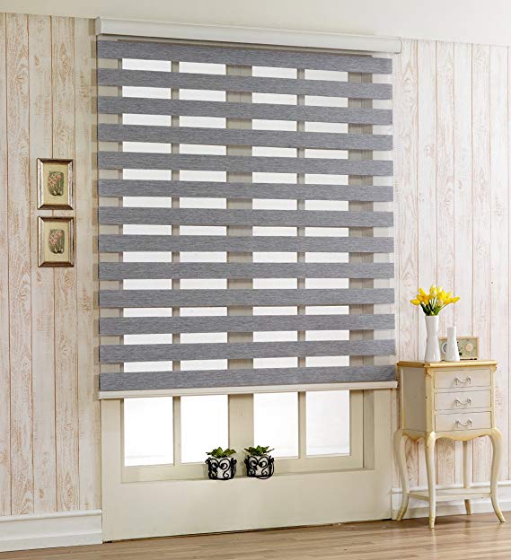 Foiresoft Custom Cut to Size, [Winsharp Woodlook, Grey, W 35 x H 47 (Inch)] Horizontal Window Shade Blind Zebra Dual Roller Blinds & Treatments, Maximum 91 Inch Wide by 103 Inch Long