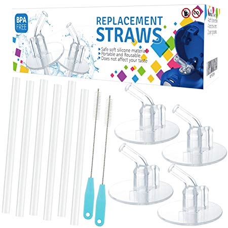 12Packs (6 Straws 2 Cleaning Brushes) for Thermos Replacement Straws with 4 Stems, for Thermos 12 Ounce Funtainer Bottle F401(with a Carry Loop), Silicone Straws Stem Set with Cleaning Brushes