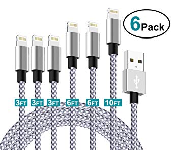 Charger Cable MFi Certified Cable,6Pack (3FT 3FT 6FT 6FT 10FT) Extra Long Nylon Braided USB Fast Charging&Syncing Cord Compatible with iPhone Xs MAX/XR/X/8 Plus/7 Plus/6 Plus/6 [Silver]