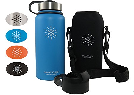Smart Flask Stainless Steel Water Bottle, Wide Mouth, Vacuum Insulated, Includes Carrying Pouch with Shoulder Strap, Rugged Leakproof Stainless Steel Lid, and Flip Top Coffee Lid