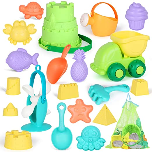 AMOSTING Beach Sand Toys for Toddlers with Mesh Bag-21pcs Reusable Sandbox Toys，includes Truck，Green Bucket,Colorful Shovels, Rakes, Watering Can, Soft Material Molds