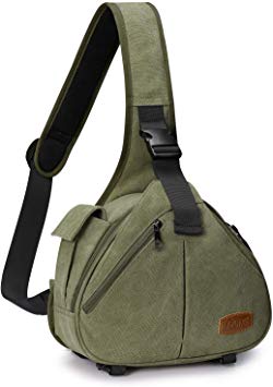 S-ZONE Canvas Camera Sling Bag DSLR Shoulder Crossbody Backpack for 1 Camera, 2 Lens, 1 Tripod (Army Green)