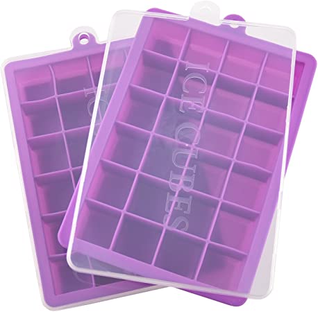 Ice Cube Trays with Lid, Silicone Ice Tray Molds Easy Release Ice Jelly Pudding Maker Mold, 24 Cavity (2 Pack, Purple)