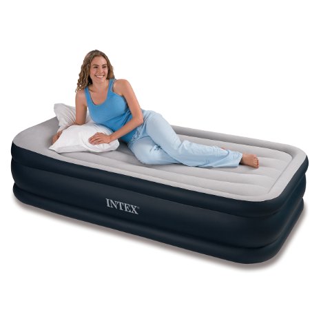 Intex Deluxe Pillow Rest Raised Airbed with Soft Flocked Top for Comfort, Built-in Pillow and Electric Pump, Twin, Bed Height 16 3/4"