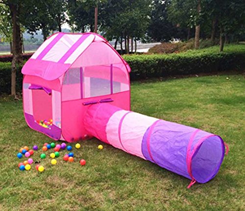 Pink Children's Playhouse with Tunnel for Indoor/Outdoor with Stakes - Easy Popup Play Tent Design