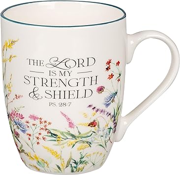 Christian Art Gifts Inspirational Ceramic Coffee & Tea Scripture Mug for Women: Lord is My Strength Encouraging Bible Verse Psalm, Cute Microwave & Dishwasher Safe Cup, White Multicolor Floral, 12 oz.