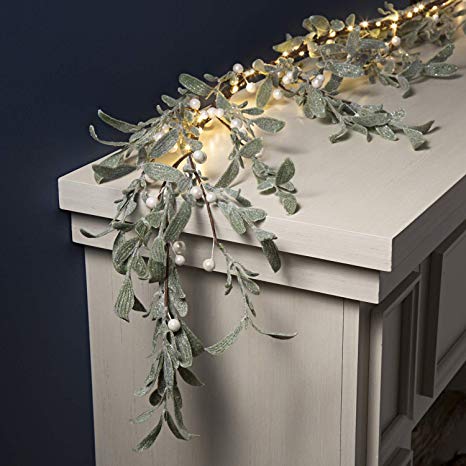 Pre-Lit Garland with 60 LED Lights - 6 Feet Long, Frosted Mistletoe with Pearl Berries, for Christmas and Holiday Decor, Auto Timer Feature