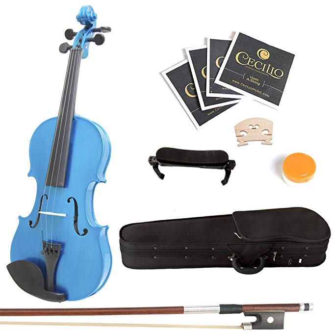 Mendini 3/4 MV-Blue Solid Wood Violin with Hard Case, Shoulder Rest, Bow, Rosin and Extra Strings