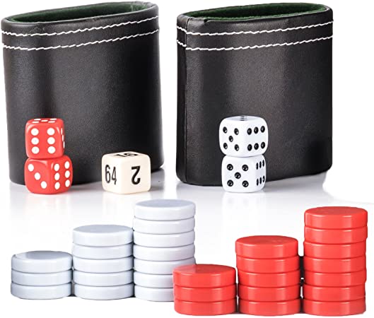 Backgammon Game Pieces Set - Replacement Red/White Checkers, Two PU Leather Dice Cups, Four Dice and One Doubling Cube