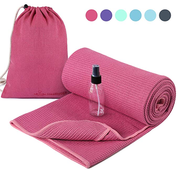 Heathyoga Non Slip Yoga Towel (183cmx66cm), Exclusive Corner Pockets Design, Microfiber and Silicone Coating Layer, Free Carry Bag and Spray Bottle, Perfect for Hot Yoga, Bikram and Pilates towel