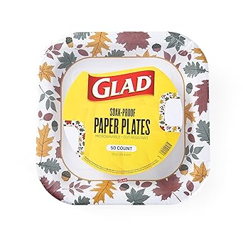 Glad Everyday Square Disposable Paper Plates with Falling Foliage Design | Cut-Resistant, Microwavable Paper Plates for All Foods & Daily Use | 10 Inches, 50 Count