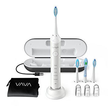 VAVA Electric Toothbrush Clean as Dentist Rechargeable Sonic Toothbrush with 4 Replacement Brush Heads 5 Optional Modes, Built-in Auto Timer, IPX7 Waterproof, FDA Approved, White