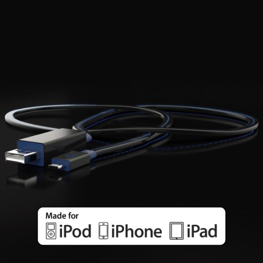 Visible Flow by AccSharp - LED Flowing Current [Black w/ Blue Light] - Apple MFi Lightning Cable - Full 1-Year Warranty - iPhone 5 / 6S Plus - iPad Pro / Mini / Air - iPod Touch 6 / Nano 7 - 2.6ft Certified Sync and Charge