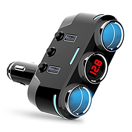 2-Socket Car Cigarette Lighter Socket Splitter Power Adapter With LED Voltage Display and Dual USB Car Charger for iPhone,iPad,Android,Samsung,GPS and More