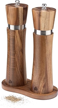 Navaris Salt and Pepper Grinder Set - Wooden Grinders with Tray Holder - Acacia Wood Mills for Table - 21.3 cm (8.4") Mill Set with Adjustable Ceramic Grinders