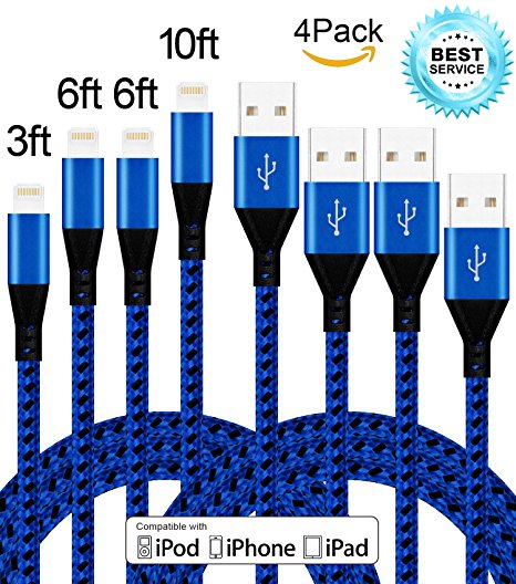 Mscrosmi 4 Pack 3ft 6ft 6ft 10ft Nylon Braided Lightning to USB Cable for Apple iPhone 7/7 Plus/6/6s/6 Plus/6s Plus/5/5c/5s/SE/iPad/iPod and More.(Blue)