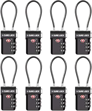 SURE LOCK TSA Compatible Travel Luggage Locks, Inspection Indicator, Easy Read Dials, BLACK 8 PACK, One_Size
