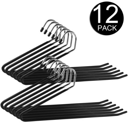 Set of 12 Ipow Heavy Duty SlacksTrousers Hangers Open Ended hanger Easy Slide Organizers Metal rod with a large diameter Chrome and Black Friction