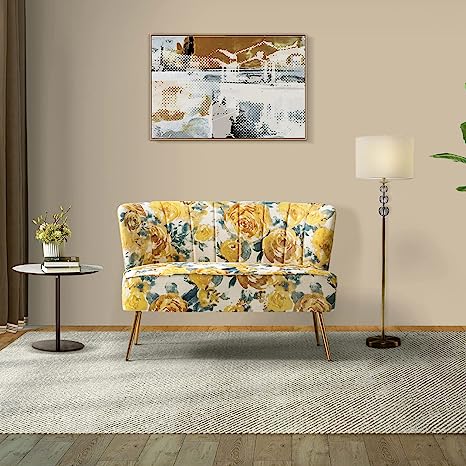 HULALA HOME Mid-Century Loveseat Sofa with Metal Legs, Comfy Upholstered Small Love Seat Couch, Floral Patterns 2-Seat Armless Couch with Tufted Back for Living Room, Apartment Small Spaces(Yellow)