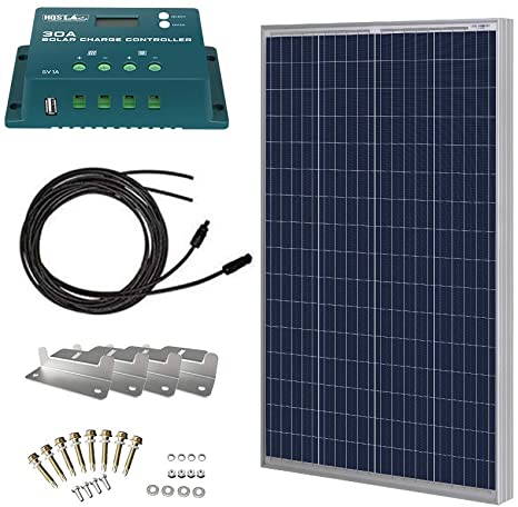 HQST 100 Watt 12 Volt Polycrystalline Solar Panel Kit with 30A PWM LCD Solar Charge Controller, 20Ft 12AWG Panel and Controller Connector Cables, Z-Brackets